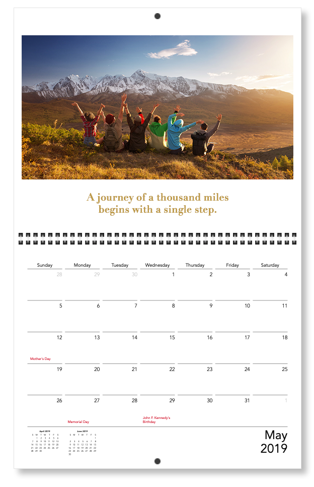 A custom calendar with a motivation quote of “A journey of a thousand miles begins with a single step.” | Motif